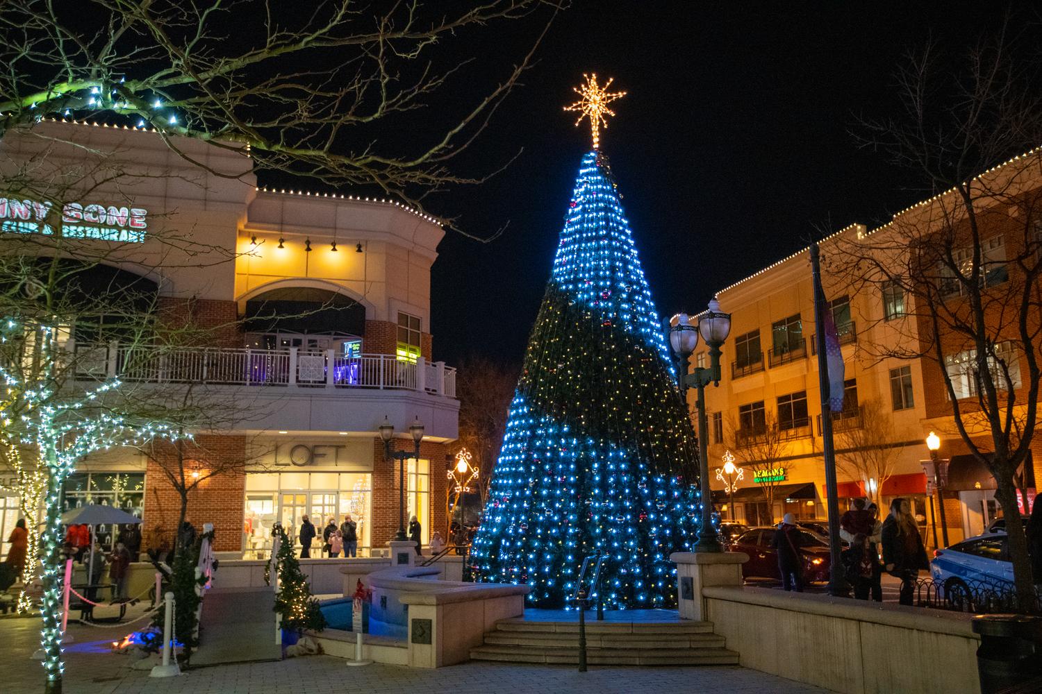 Festive outdoor shopping plaza with a beautifully lit tree